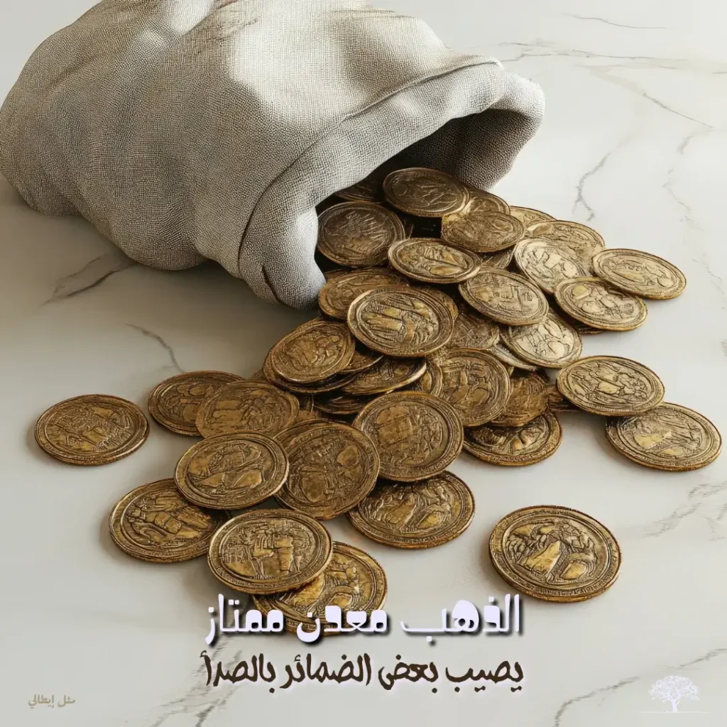 صورة لعملات ذهبية قديمة تتدفق من كيس قماشي على سطح رخامي. اقتباس: "الذهب معدن ممتاز يصيب بعض الضمائر بالصدأ".