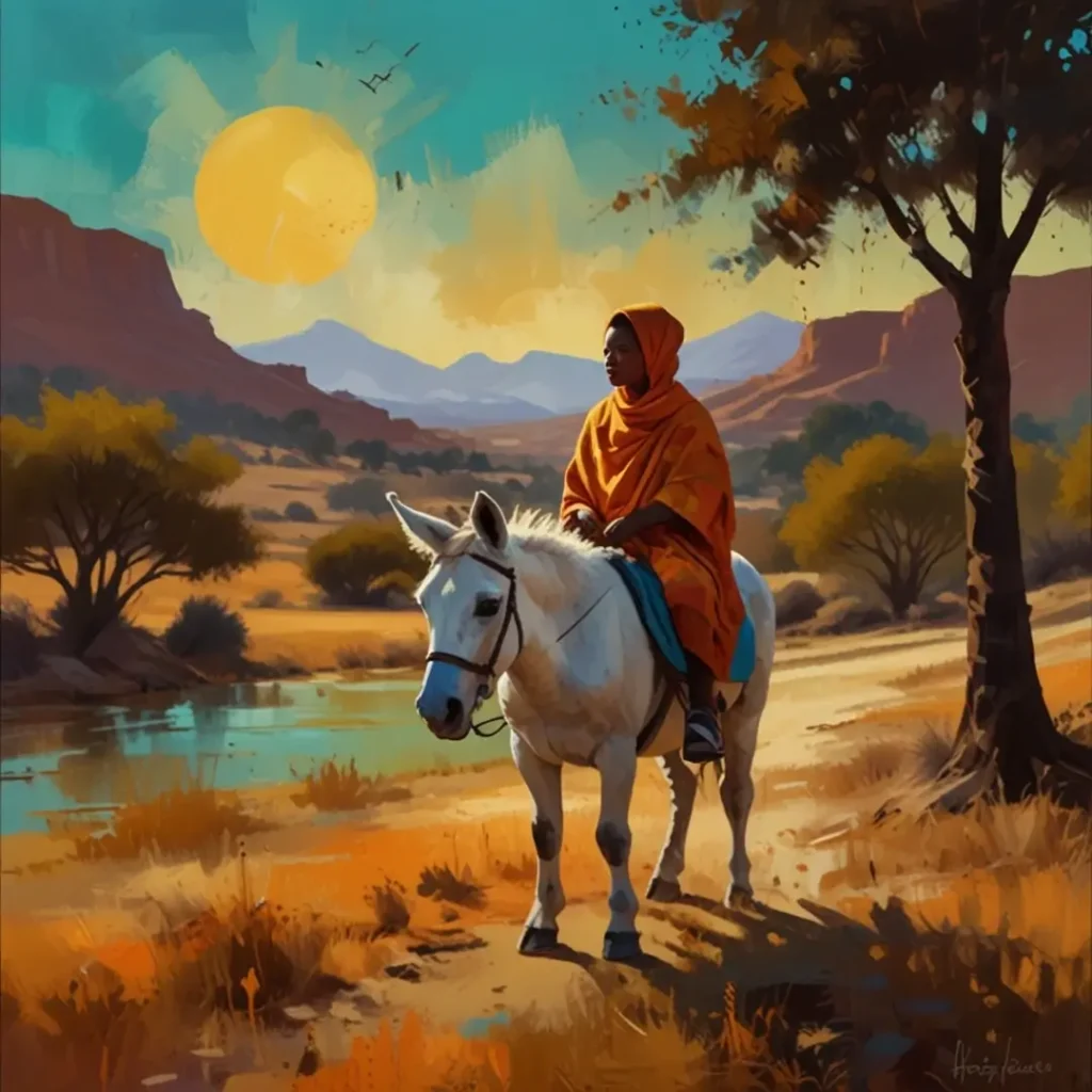 امرأة تمتطي حمارًا عائدة عند الغروب عبر طريق ترابي تحيط به الأشجار، تحت شمس غاربة تلون السماء بدرجات الذهب والبرتقالي.