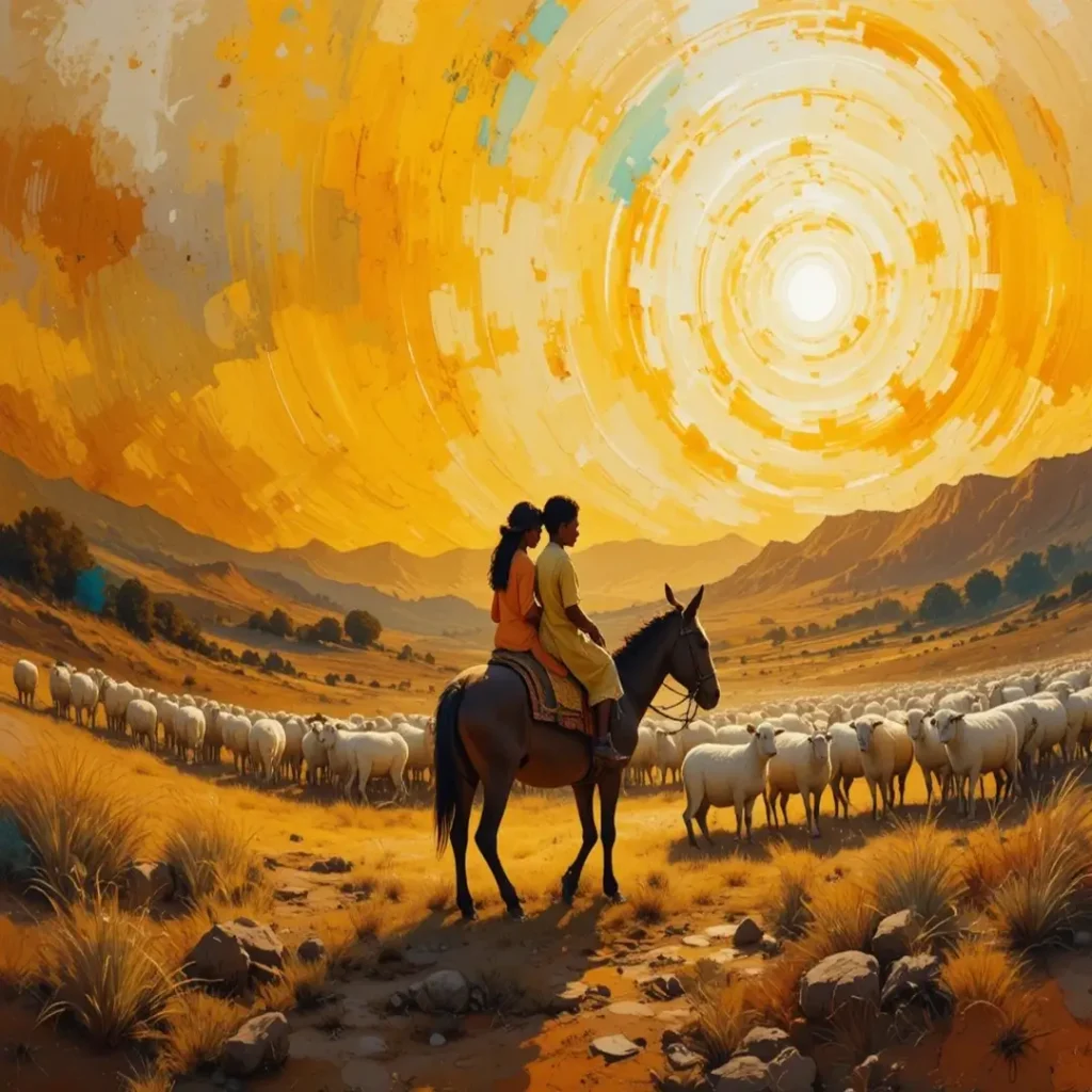 صبي وأخته يمتطيان حصانًا عائدين وسط قطيع من الأغنام عند غروب الشمس، في مشهد ريفي دافئ.