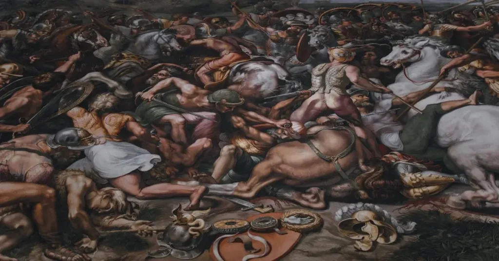 لوحة فنية كلاسيكية تجسد معركة تاريخية توضح دور الفن في توثيق الحروب عبر العصور