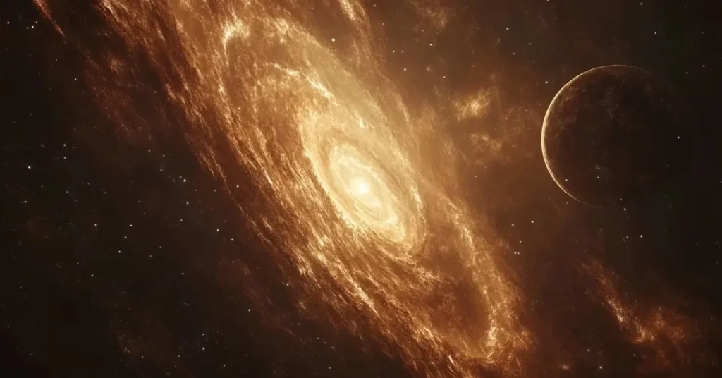 صورة لمجرة مذهلة تتوهج بالذهب وسط الكون المظلم، ترمز إلى روعة الفيزياء الفلكية ودراسة حركة النجوم والمجرات.