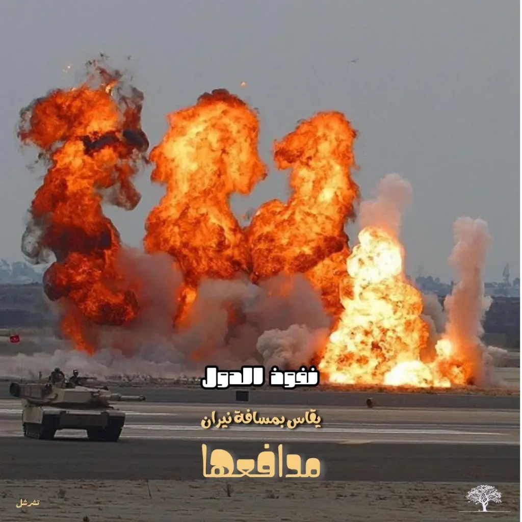 صورة انفجارات ضخمة في ميدان حرب مع دبابة، واقتباس يقول: نفوذ الدول يُقاس بمسافة نيران مدافعها