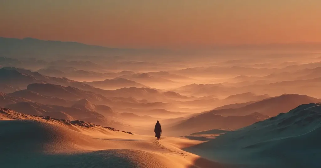 رجل يسير وحيدًا في صحراء شاسعة عند الغروب، رمز للترحال والبحث عن الذات بعد خيبة الأمل في الناس.