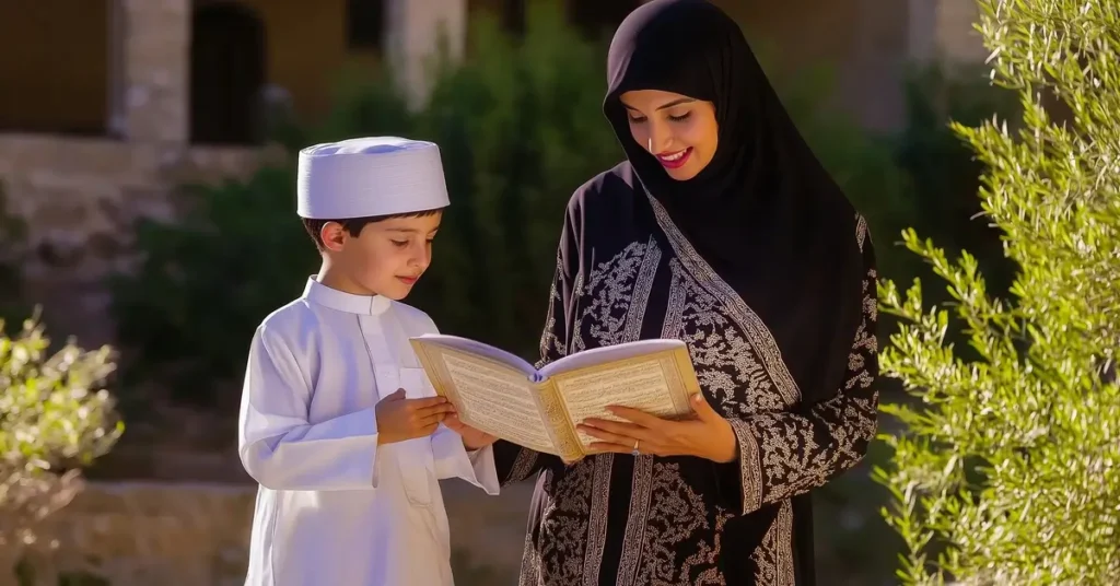 أم تعلم طفلها قراءة العربية من كتاب تعليمي، في جو مليء بالحب والتواصل الأسري