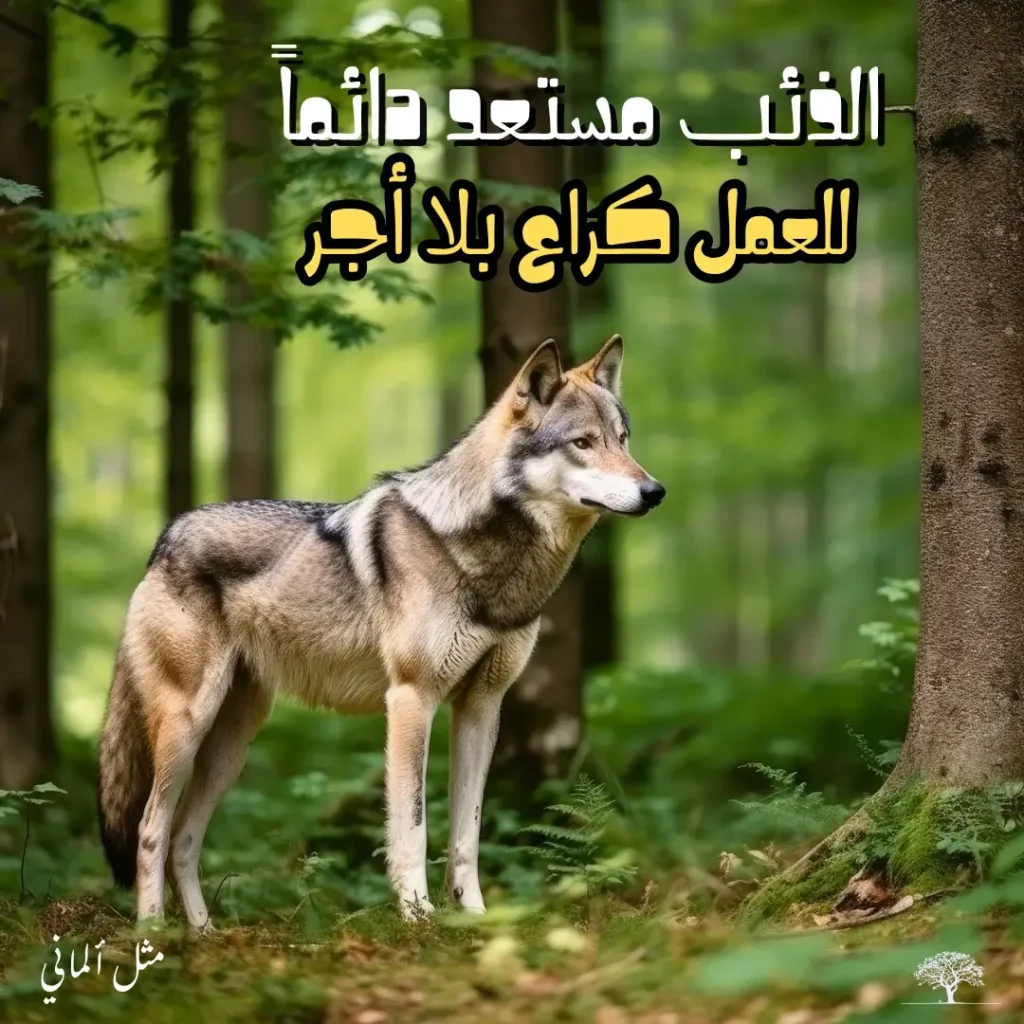 صورة لذئب في غابة خضراء مع اقتباس ألماني يقول: "الذئب مستعد دائمًا للعمل كراعٍ بلا أجر"