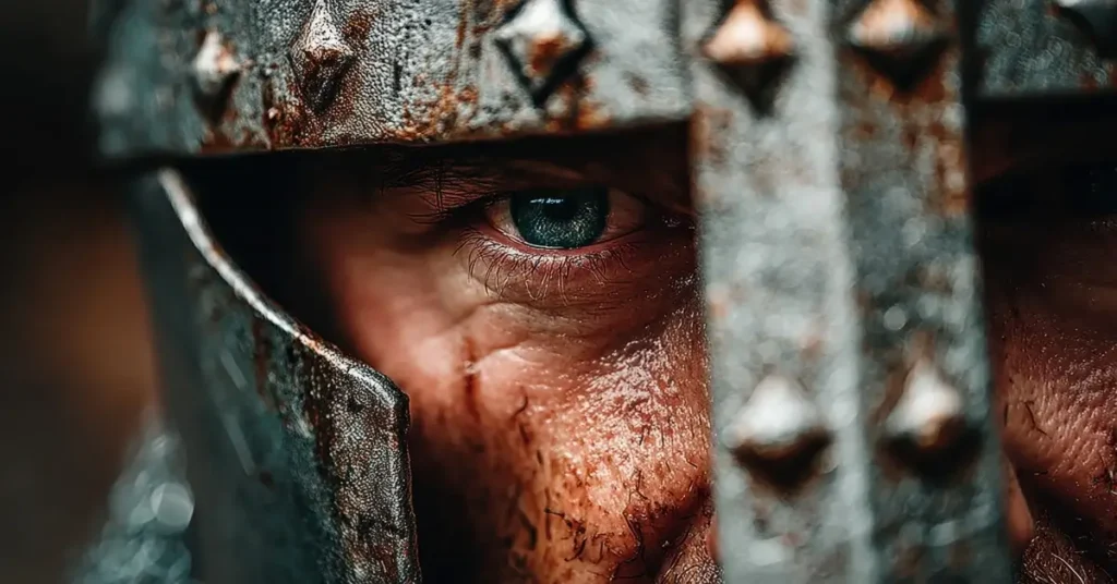 فارس ببدلة حربية قديمة يحمل نظرة صارمة تعكس قوة الصمود في مواجهة الشر.