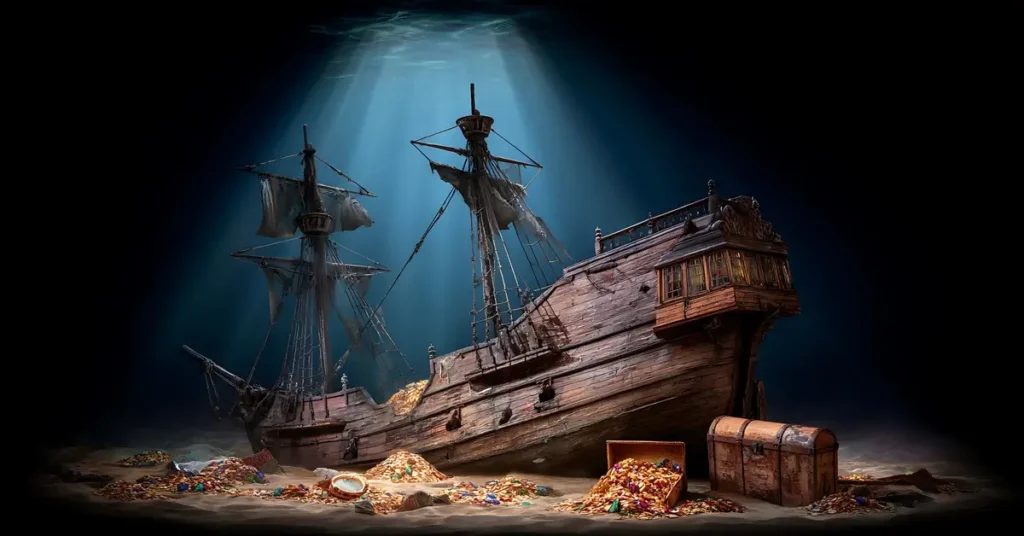 سفينة شراعية خشبية قديمة غارقة في قاع المحيط المظلم، محاطة بكميات كبيرة من العملات الذهبية وصناديق الكنوز المفتوحة، يضيئها شعاع ضوء من السطح.