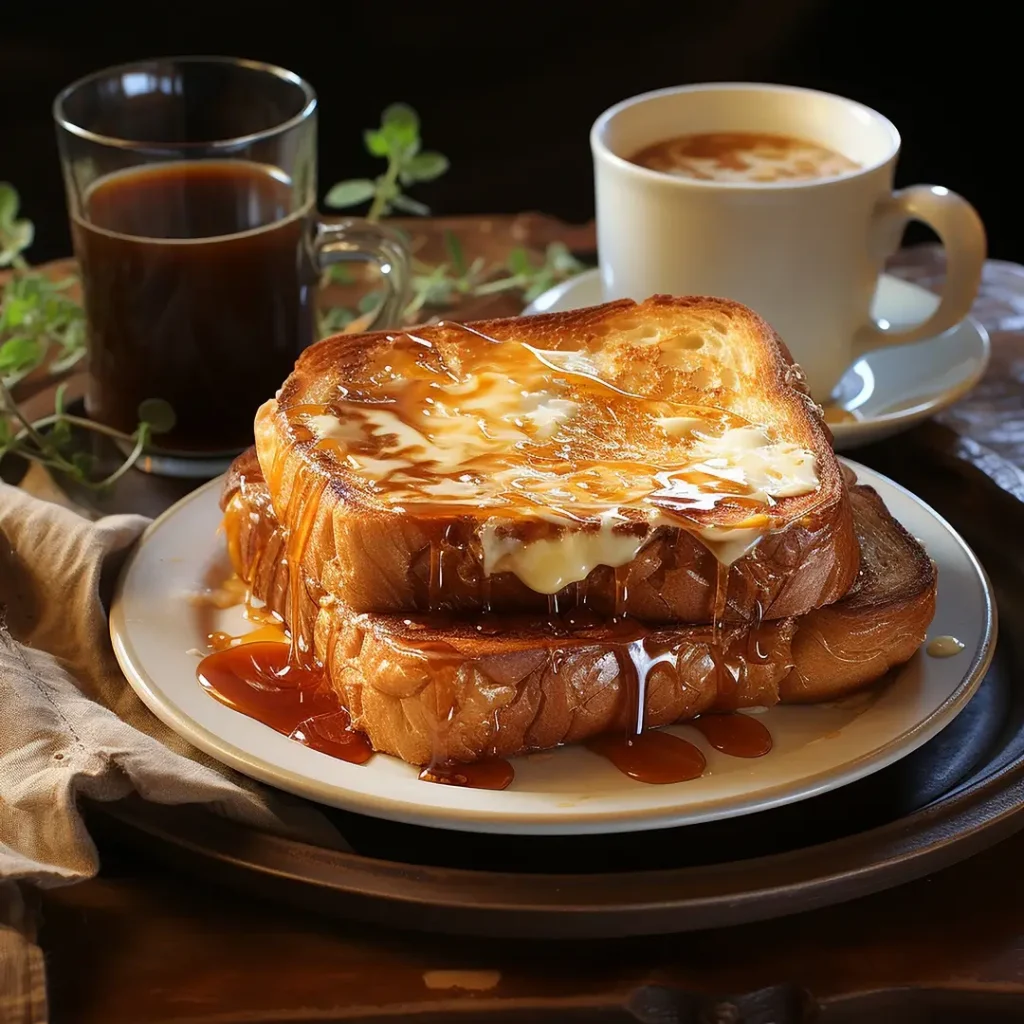 شريحة توست ذهبية مغطاة بالعسل والزبدة بجانب فنجان قهوة صباحي دافئ على طاولة خشبية.
