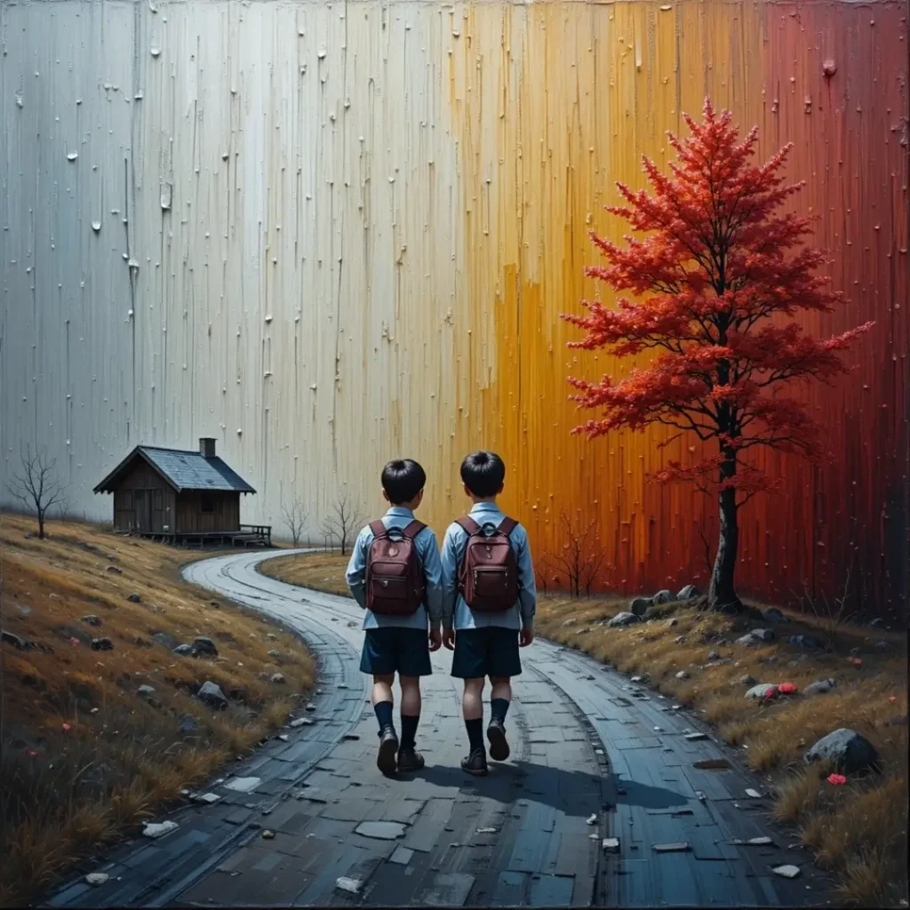 طفلان يسيران في طريق ريفي متعرج نحو بيت صغير، بجانب شجرة خريفية حمراء تحت سماء غريبة الألوان.