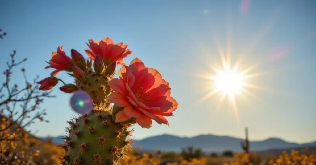 زهرة صبار متفتحة ذات لون برتقالي فاتح في بيئة صحراوية، مع إشراق قوي لأشعة الشمس، ترمز إلى صمود النباتات في البيئات القاسية.