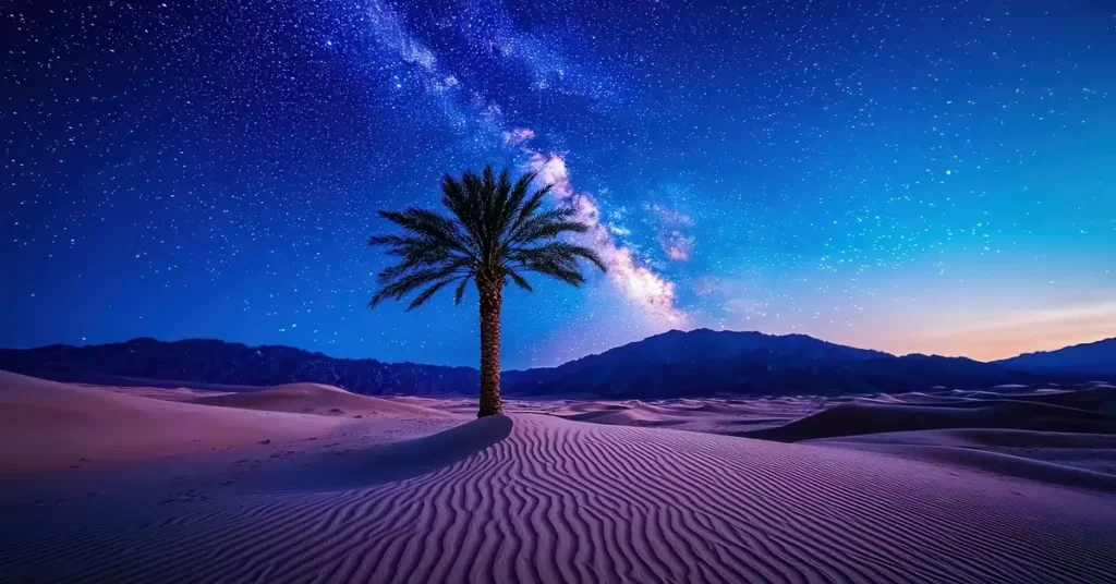 قيس وليلى تحت سماء الصحراء المليئة بالنجوم، رمز للحب الخالد الذي تجاوز حدود العقل والزمان