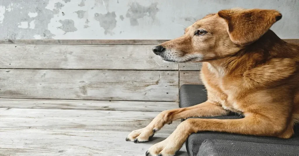 كلب يتأمل داخل المنزل، يرمز إلى الشجاعة الزائفة التي تظهر في بيئة الأمان فقط.