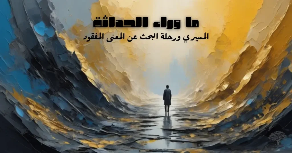 لوحة رمزية لرجل يسير في طريقٍ تجريدي بألوان ذهبية وزرقاء، تجسد رحلة البحث عن المعنى في عالم الحداثة وما بعدها.