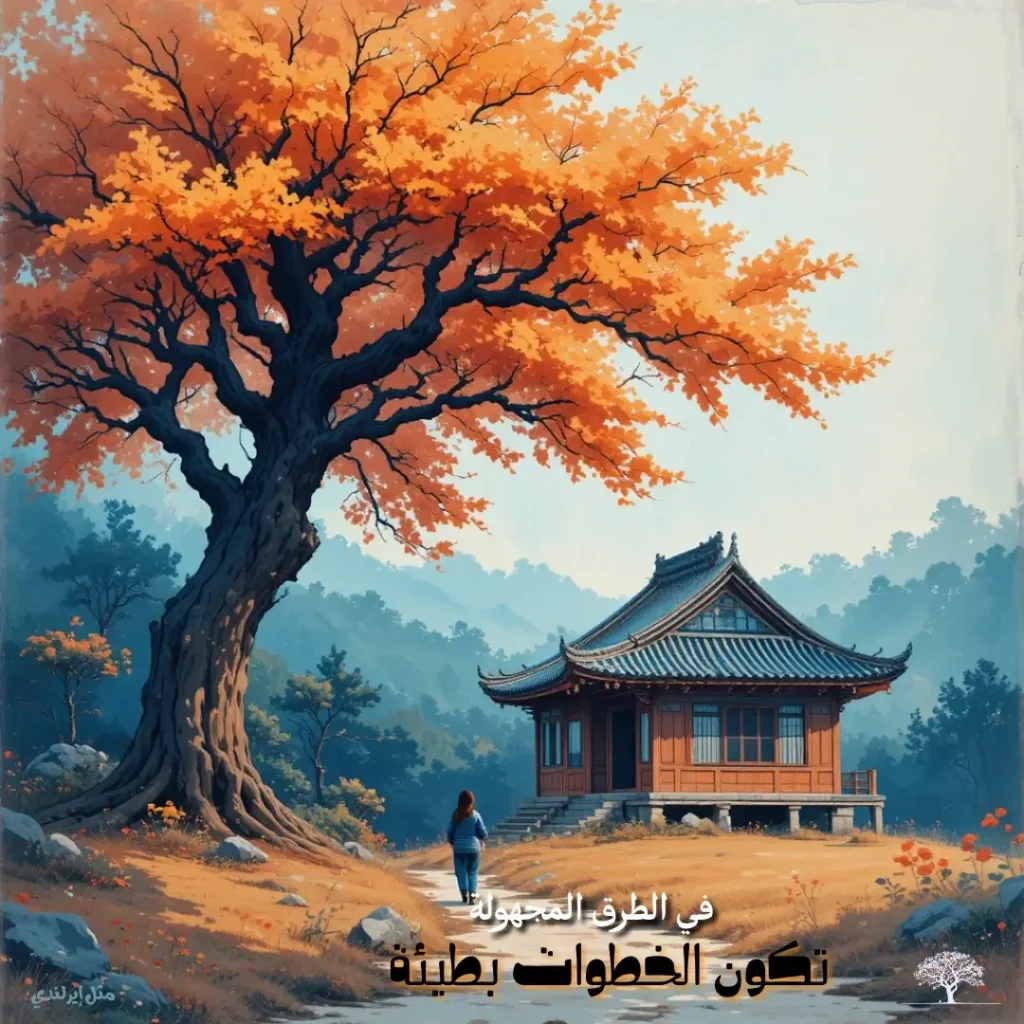 صورة فنية رقمية لمشهد خريفي جبلي هادئ، تظهر فيها شجرة ضخمة بأوراق برتقالية وامرأة تسير على طريق ترابي نحو منزل خشبي تقليدي. اقتباس: "في الطرق المجهولة تكون الخطوات بطيئة".