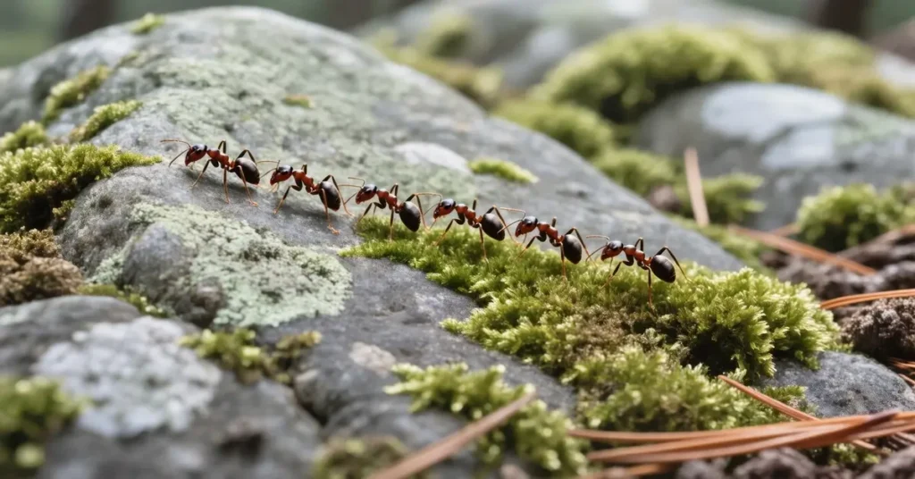 نمل يسير على صخرة مغطاة بالطحالب في الغابة يرمز إلى قصة نملة سليمان التي علمت البشرية معنى الحكمة والتواضع.