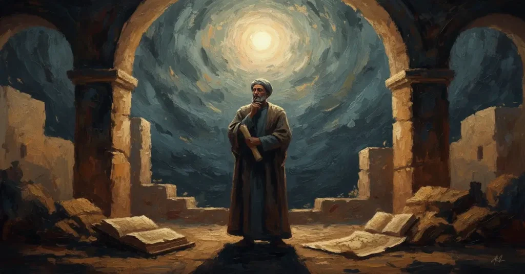 صورة زيتية أو مرسومة لابن خلدون، يقف متأملاً في محيط معماري قديم ومُظلم، محاطاً بالكتب والمخطوطات، مع ضوء ساطع يتركز عليه، يرمز إلى عمق فكره وتأسيسه لعلم الاجتماع.