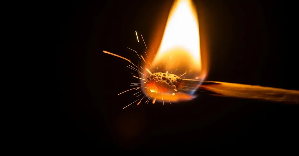 صورة ماكرو (مكبرة) لعود كبريت مشتعل في الظلام، تظهر لهباً ساطعاً وشرارات متطايرة، ترمز إلى لحظة اكتشاف النار والثورة الحضارية التي تبعتها.