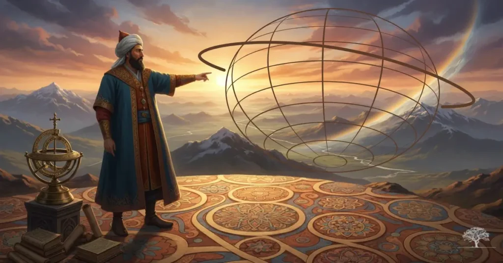رسم فني للعالم الإسلامي البيروني يقف على سطح مرصد، يشير بيده إلى مجسم كبير للكرة الأرضية أو الفلك، ومحاط بأدوات فلكية مثل الأسطرلاب، يرمز لدوره الريادي في قياس محيط الأرض وعلوم الفلك.