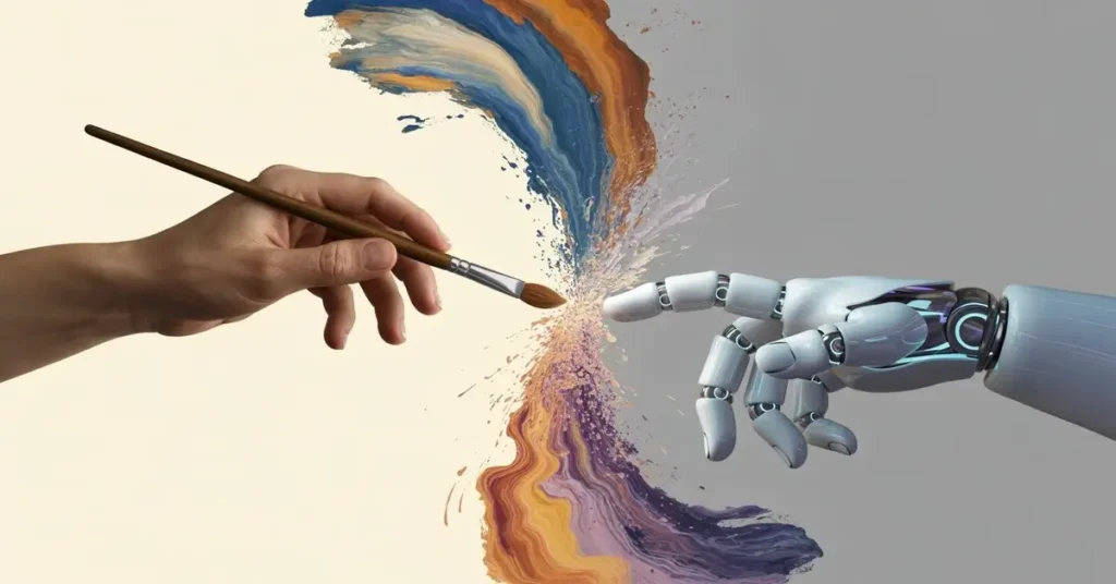 صورة مركبة ليد بشرية تحمل فرشاة ترسم لوحة تجريدية تلامس يد روبوتية بيضاء، كرمز للتعاون الفني أو الصراع بين الذكاء البشري والاصطناعي في الإبداع. (الصورة المرفقة: تطبيقات الذكاء الاصطناعي)