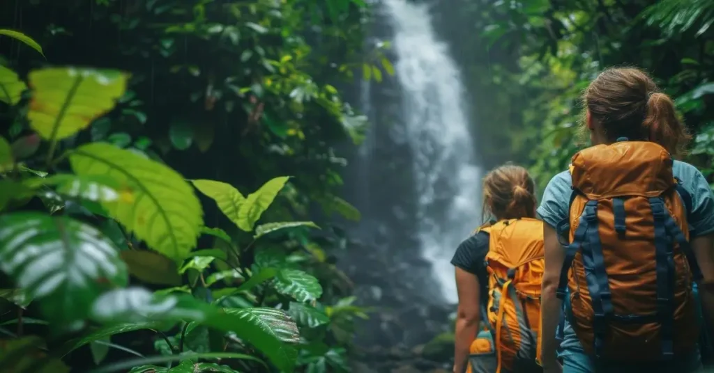 صورة تظهر مسافرين يحملان حقائب ظهر برتقالية ويسيران في مسار داخل غابة استوائية كثيفة وخلفهما شلال، ترمز إلى السياحة البيئية المسؤولة وحماية الموارد الطبيعية.