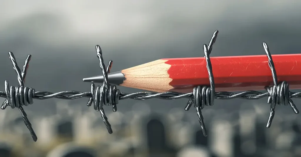 لقطة مقربة لقلم رصاص أحمر مدبب ومغروز في سلك شائك، يرمز إلى الصراع من أجل حرية التعبير، والقيود المفروضة على الكلمة والكتابة السياسية.