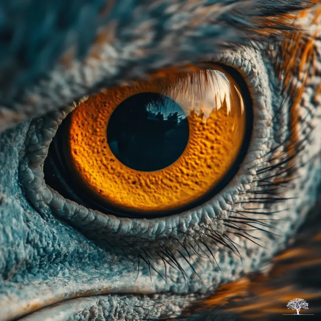 صورة مقرّبة لعين صقر بتفاصيل واضحة تُبرز اللون الذهبي للحدقة وملمس الجلد المحيط بها
