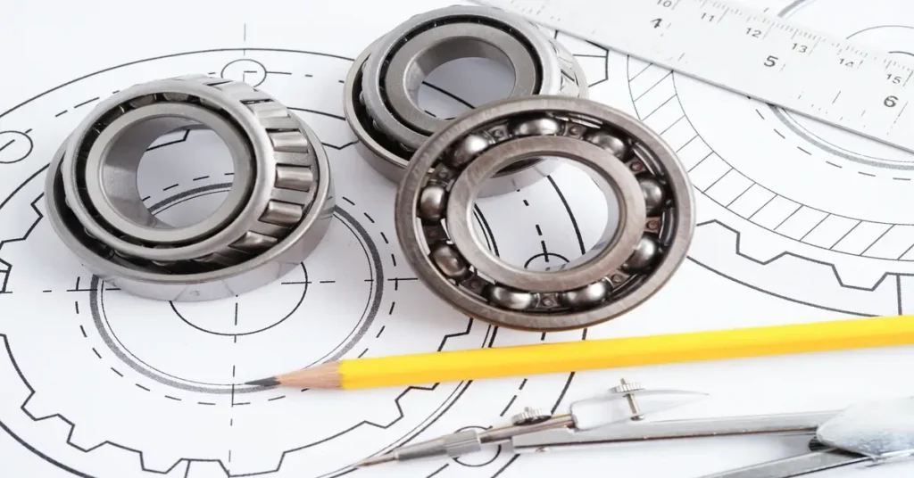 صورة مقربة لثلاثة محامل كروية (رولمان بلي) موضوعة على مخطط هندسي تفصيلي (بلو برنت)، وإلى جانبها قلم رصاص وأداة فرجار، ترمز إلى مجال "الفيزياء الهندسية" وتطبيق مبادئ الفيزياء في التصميم التقني.