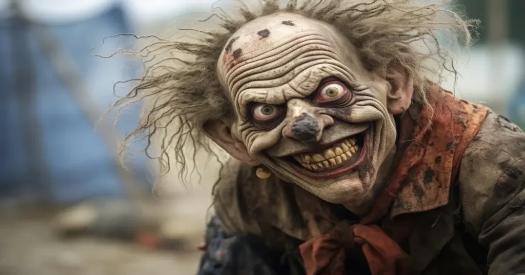 صورة مقربة لوجه شخصية تبدو شريرة ومخيفة، بابتسامة صفراء واسعة وتفاصيل مبالغ فيها، ترمز إلى خبث وسوء طبع "اللئيم" الذي يرد الجميل بالقسوة.