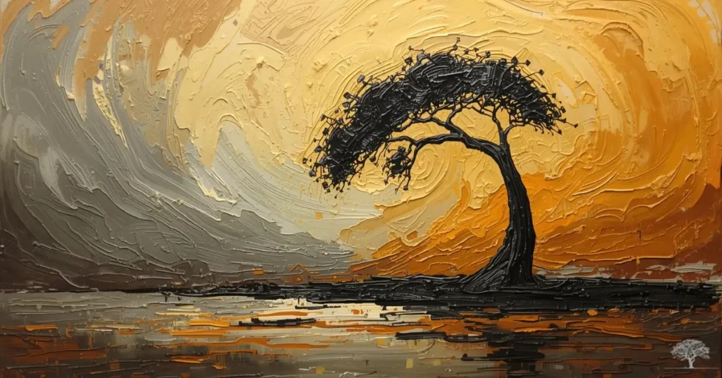 لوحة فنية تجريدية تُظهر شجرة داكنة وحيدة تقف صامدة وثابتة على أرضية عاصفة ومتموجة، بألوان الأصفر والبرتقالي والرمادي، ترمز إلى قوة المرونة والقدرة على التكيف في وجه التحديات الكبيرة.