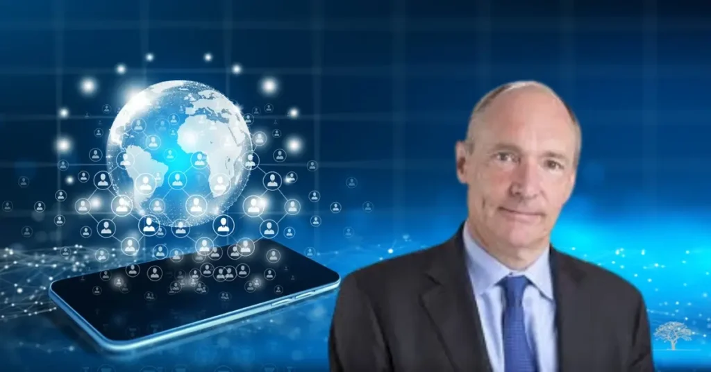 صورة للمهندس البريطاني سير تيم بيرنرز لي أمام خلفية زرقاء، تظهر كرة أرضية متوهجة مرتبطة بأيقونات المستخدمين عبر شبكة من الخطوط على شاشة هاتف ذكي، ترمز إلى اختراعه للشبكة العنكبوتية العالمية المفتوحة.