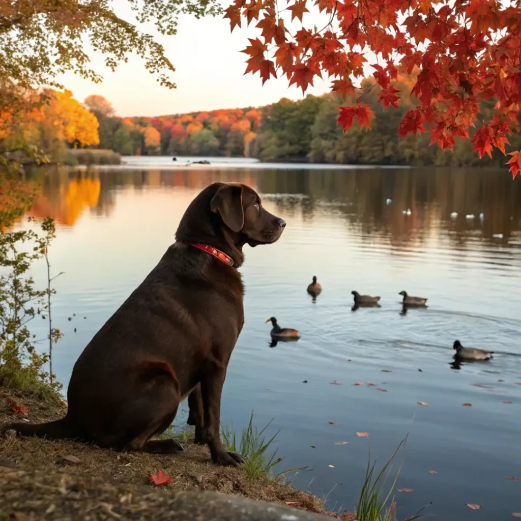 كلب بني يجلس قرب بحيرة هادئة في يوم خريفي مع أوراق حمراء وبرتقالية وبط يسبح في المياه