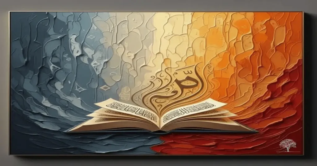 لوحة فنية لتصميم كتاب مفتوح تتصاعد منه حروف وكلمات بالخط العربي، كرمز لقوة اللغة العربية ومكانتها كوعاء للمعرفة والثقافة والجمال الفني للخط.