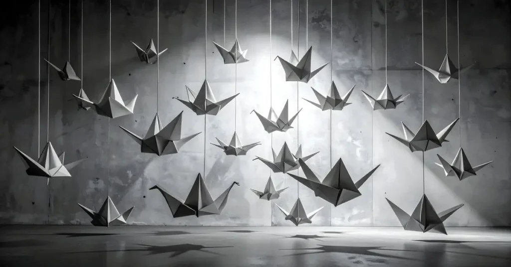 مجموعة من طيور الكركي (الرافعات) المصنوعة من الورق (أوريغامي) معلقة بخيوط على خلفية خرسانية داكنة، في مشهد رمادي يعكس قصة ساداكو ساساكي ورمزية السلام.