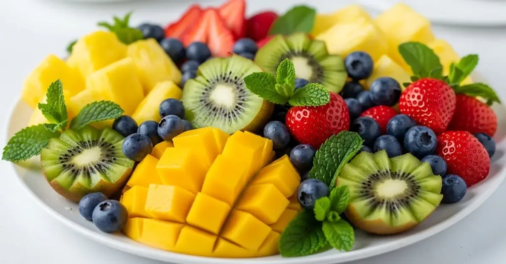 طبق مليء بالفواكه الطازجة الملونة والمقطعة مثل المانجو والكيوي والفراولة والتوت، تمثل مصدراً غنياً بفيتامين سي لتقوية المناعة الشتوية.