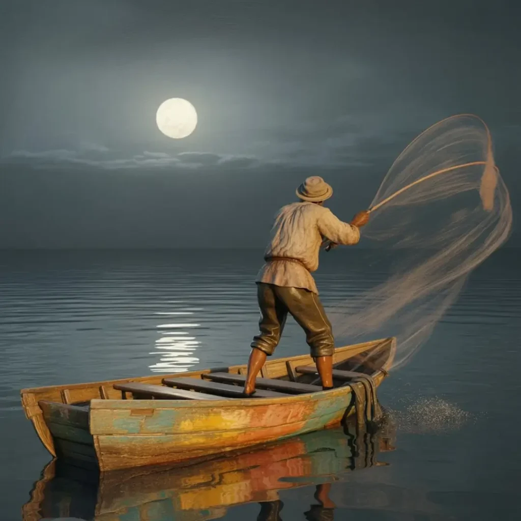 صياد يقف في قارب خشبي صغير على سطح البحر ليلاً، يرمي شبكته تحت ضوء القمر الكامل المنعكس على الماء.