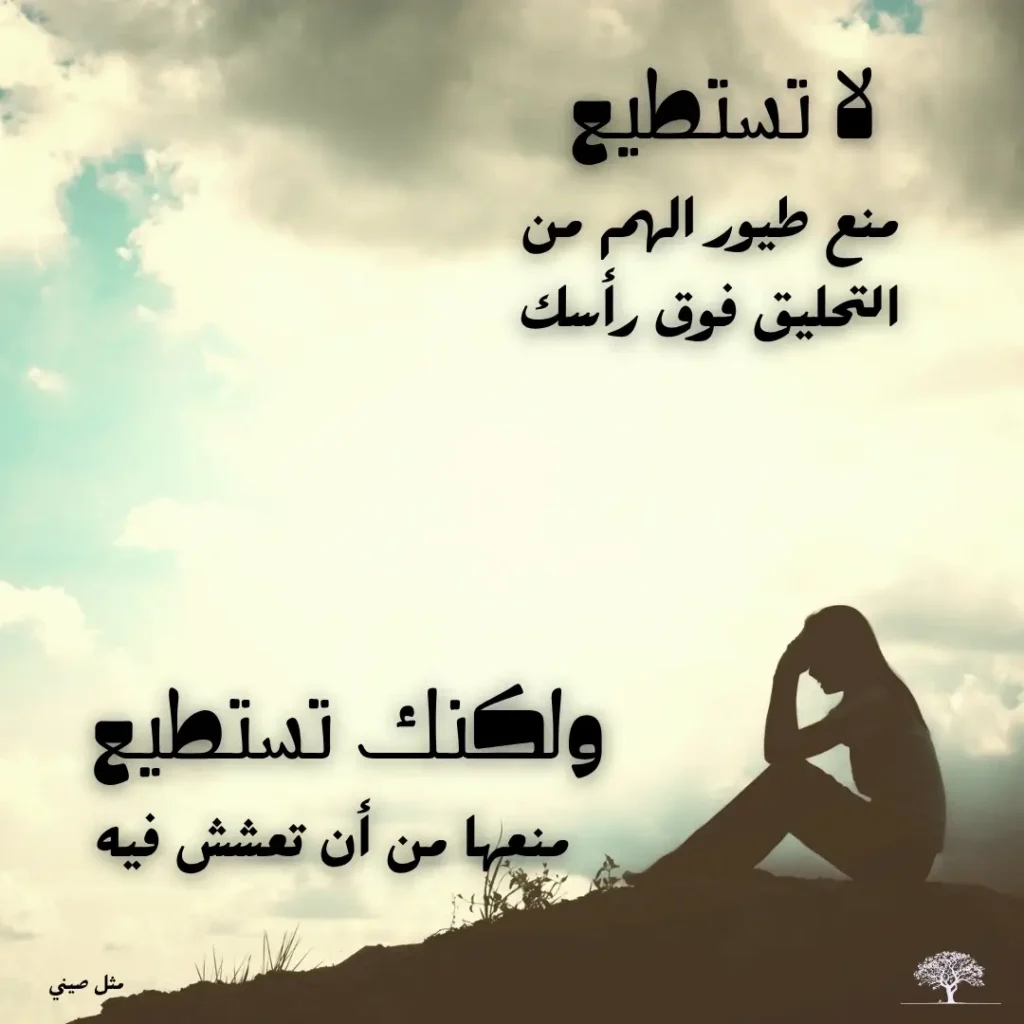 امرأة تجلس متفكرة تحت السماء، مع اقتباس صيني يقول: لا تستطيع منع طيور الهم من التحليق فوق رأسك، ولكنك تستطيع منعها من أن تعشش فيه.