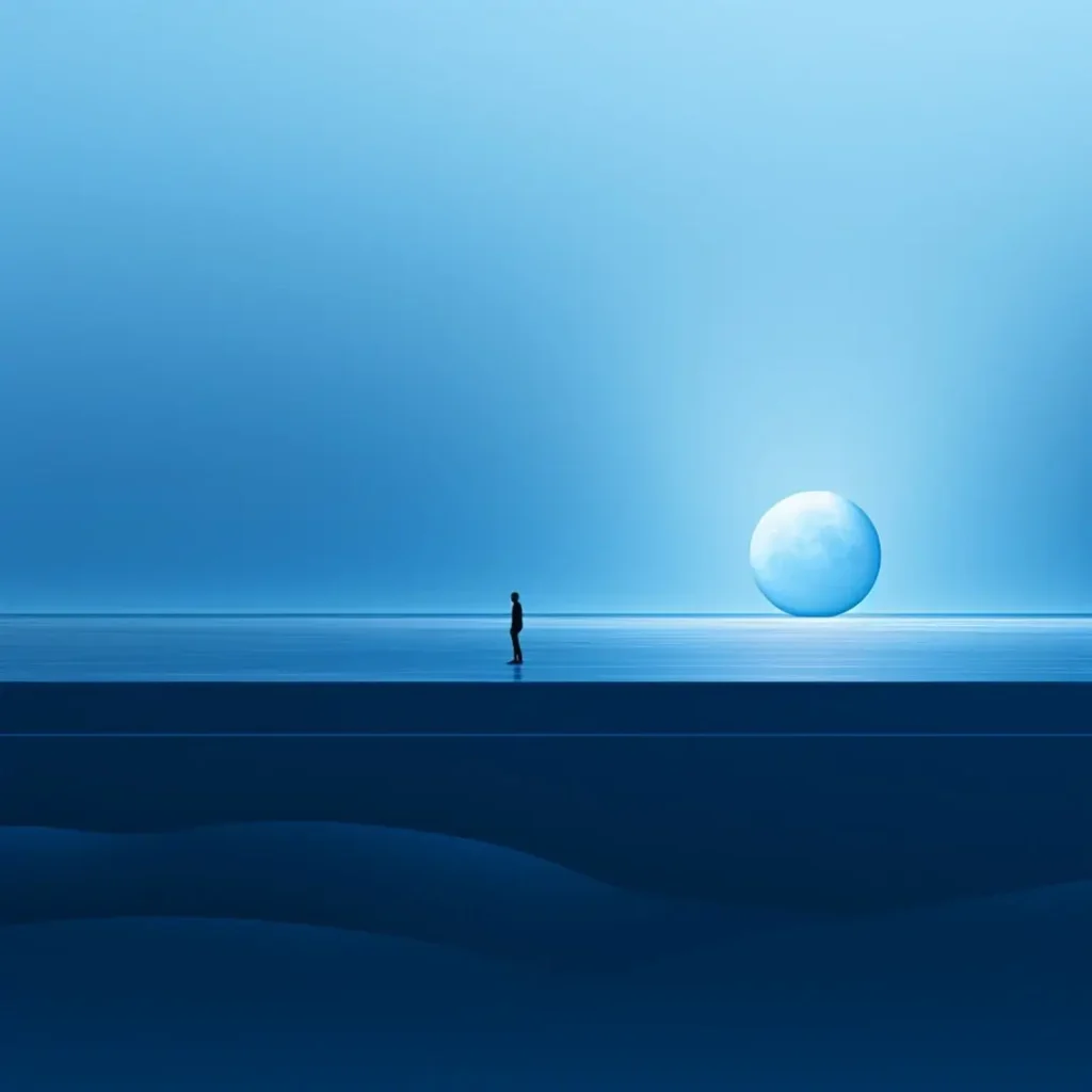 شخص يقف وحيداً أمام قمر ضخم في منظر أزرق minimalistic هادئ.