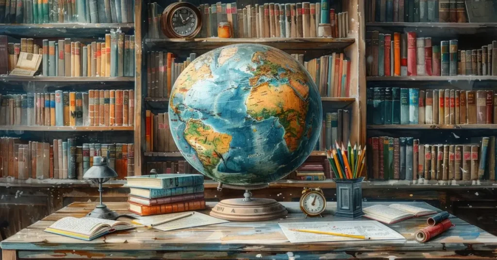 منظر لسطح مكتب قديم في مكتبة أو غرفة دراسة، يظهر كرة أرضية كبيرة ومجموعة من الكتب المكدسة والأوراق وأدوات الكتابة، يرمز إلى الدراسة الشاملة لـ "علم الجغرافيا" ومختلف فروعه.