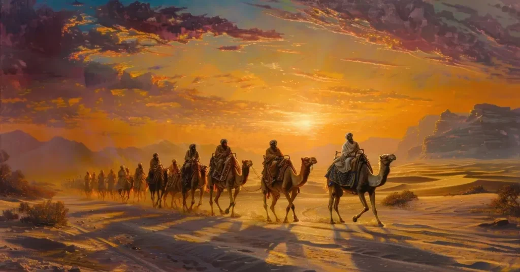 رسم فني يصور مجموعة من الركبان يمتطون الجمال في قافلة تسير عبر الصحراء تحت سماء غروب الشمس بلون برتقالي وذهبي، يرمز إلى رحلة الجيش الإسلامي في غزوة بدر والمعركة التاريخية.