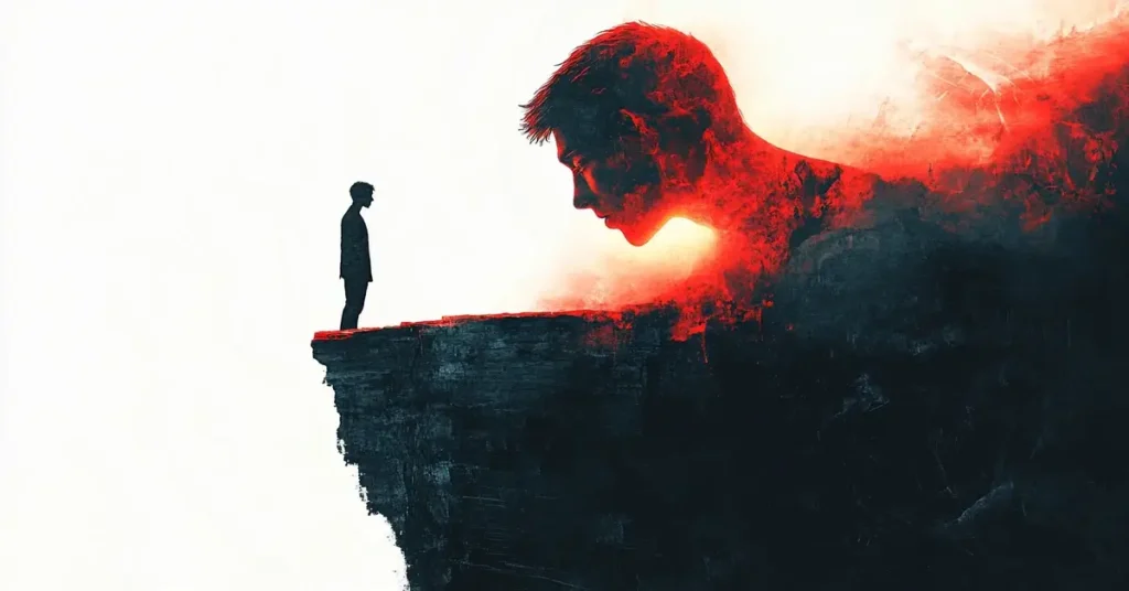 صورة سريالية لرجل يقف على حافة جرف مظلم يواجه صورة عملاقة مشتعلة باللون الأحمر لرأس وكتفي رجل آخر، ترمز هذه الصورة إلى قوة العادة الداخلية وكيف يمكنها أن تسيطر وتطغى على الفرد.