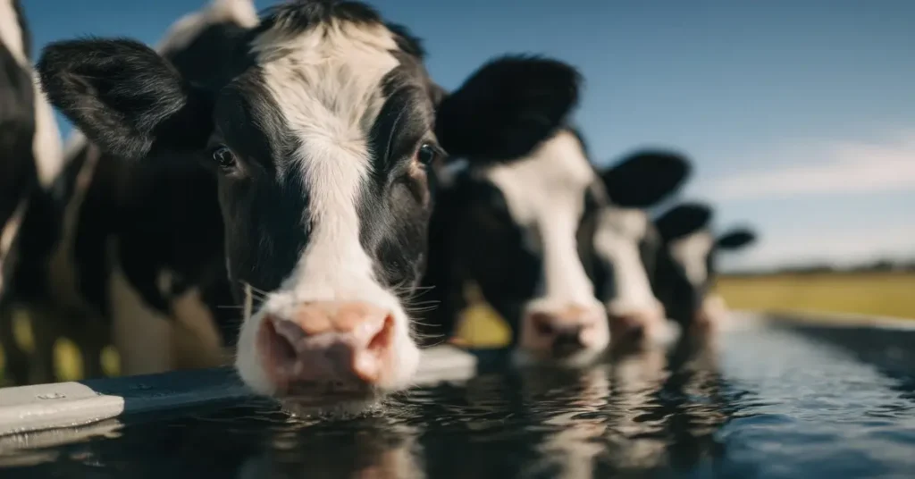 أبقار تشرب من حوض ماء في مزرعة