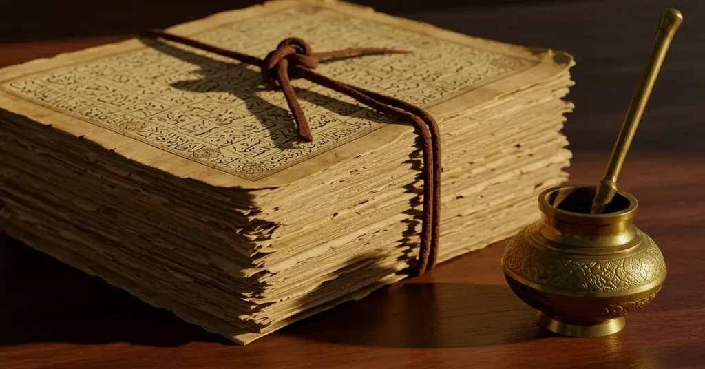 مجموعة من المخطوطات القديمة، أوراقها صفراء ومُربطة بخيط، بجانب إناء معدني تقليدي، ترمز إلى المصادر الأصلية للمعرفة الأدبية والتاريخية في الثقافة العربية.