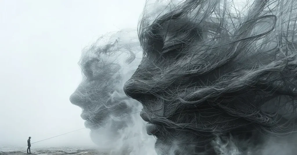 صورة فنية سريالية تظهر شخصية صغيرة تقف على شاطئ ضبابي وموصلة بخيط إلى وجهين عملاقين مصنوعين من أسلاك دقيقة وغائمة، يرمز هذا المشهد إلى محاولة الإنسان فهم طبيعة المعرفة والواقع والإبستمولوجيا.