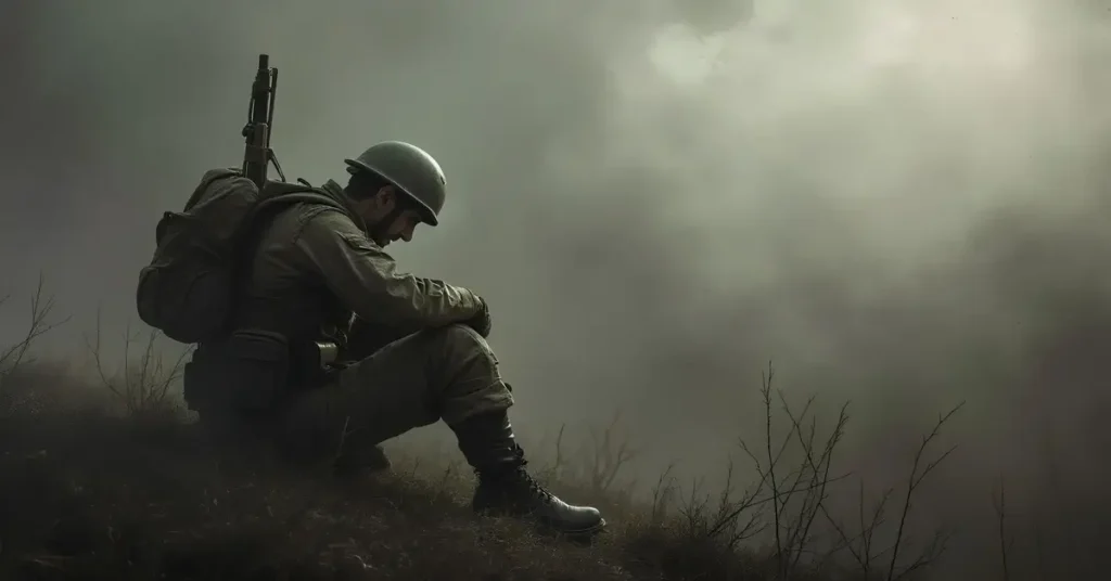 صورة سريالية وحزينة لجندي يجلس وحيداً مع بندقيته وخوذته في بيئة ضبابية ومظلمة، يرمز إلى العزلة والمقاومة الطويلة التي عاشها الجندي الياباني هيرو أونودا بعد نهاية الحرب العالمية الثانية.