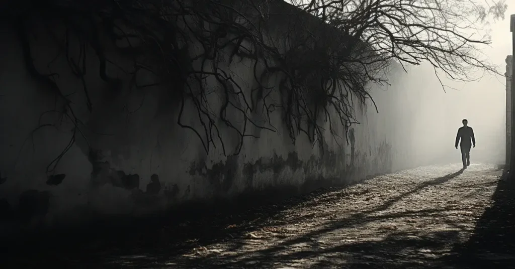 رجل يسير في ممر مظلم محاط بأغصان متشابكة، تعبير بصري عن انتشار الشر عند الانغماس في بداياته.
