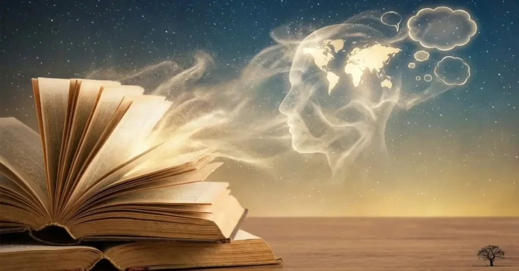 كتاب مفتوح تتصاعد منه خيوط ضوئية تتحول إلى ملامح عقل إنساني وخريطة العالم، في مشهد رمزي يعبر عن تأثير الأدب في تشكيل الوعي الإنساني وصناعة الأفكار.