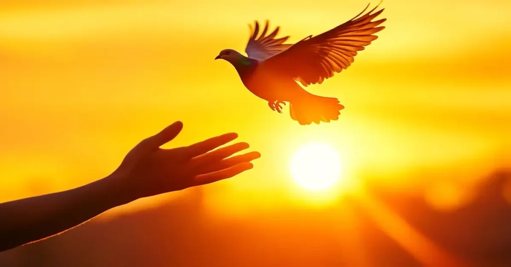 يد إنسان ممدودة تطلق طائرًا نحو السماء عند الغروب، ترمز إلى التسامح وسعة العقل وحسن العذر للناس.