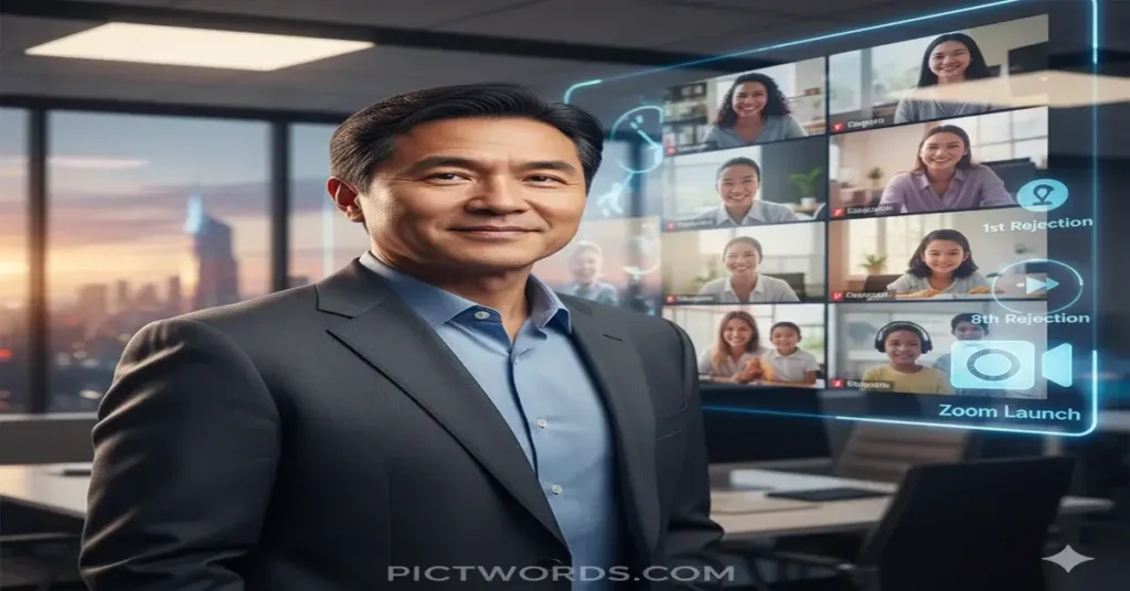 رجل أعمال يقف بثقة داخل مكتب عصري، وخلفه شاشة تعرض اجتماعات فيديو متعددة، في إشارة إلى مؤسس منصة Zoom ورحلة النجاح بعد الفشل.