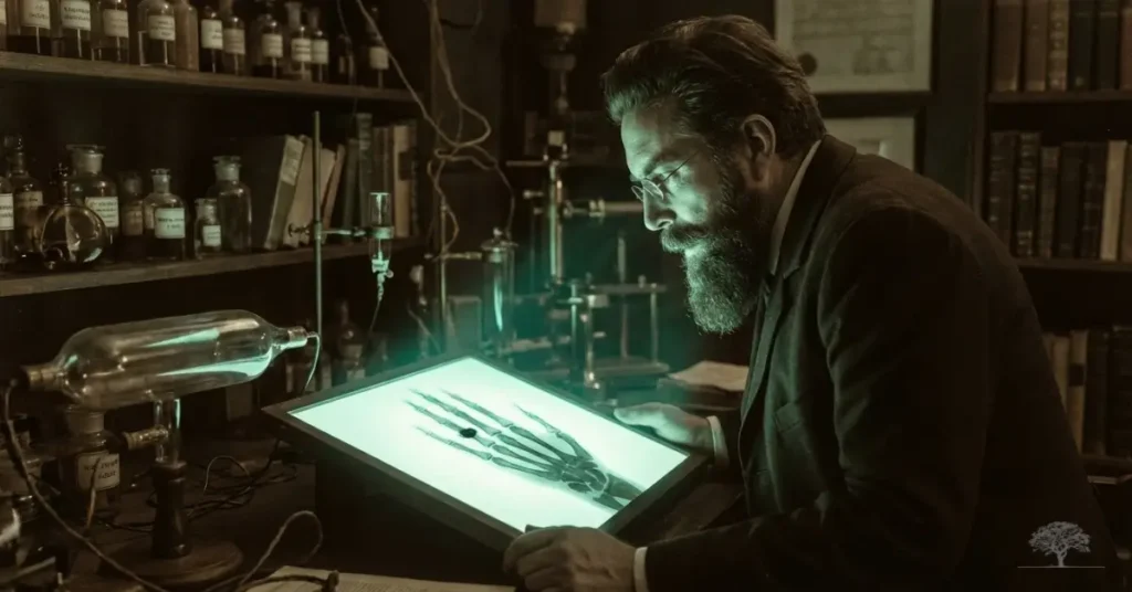 فيلهلم رونتغن في مختبر قديم يدرس صورة أشعة سينية لليد البشرية، في مشهد يرمز لاكتشاف الأشعة السينية وقدرتها على رؤية ما داخل جسم الإنسان.