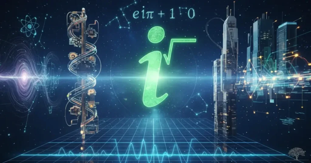 تصميم توضيحي يشرح مفهوم الأعداد المركبة وعلاقتها بالرياضيات المتقدمة والذكاء الاصطناعي وعلوم الفضاء.